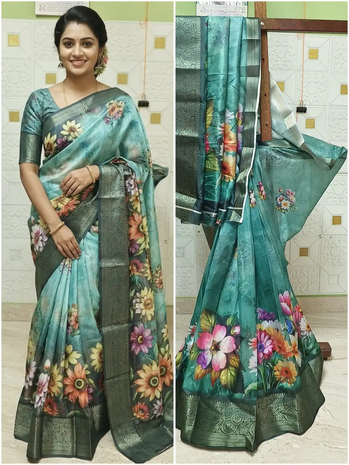Teal Green Digital Dola Floral Print Border Work Saree